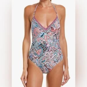 La Blanca tummy control halter top paisley print one piece swimsuit NWT.